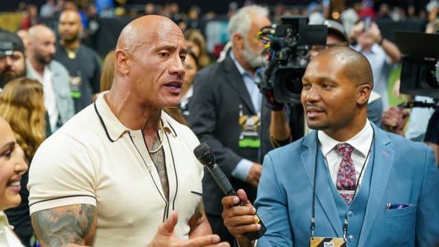 May 13, 2023; San Antonio, TX, USA; Actor and league co-owner Dwayne Johnson speaks before the game between the DC Defenders and the Arlington Renegades at the Alamodome. Mandatory Credit: Daniel Dunn-USA TODAY Sports